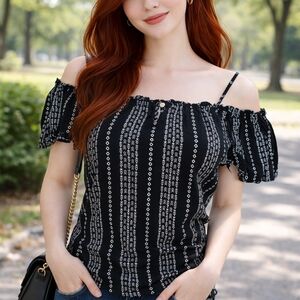 Elegant Black and White Off-Shoulder Blouse